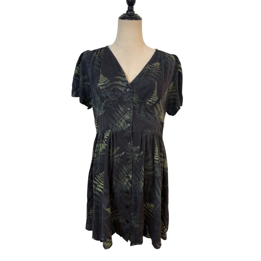 Disturbia Mini babydoll Fernery Dress 8 Black Green Fern Button Front goth